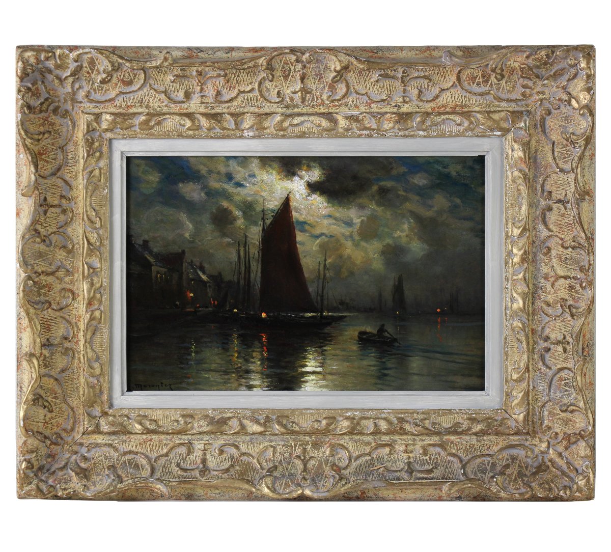 Harbor And Fishing Boats At Dusk, Oil On Panel, By G. Maroniez, Framed