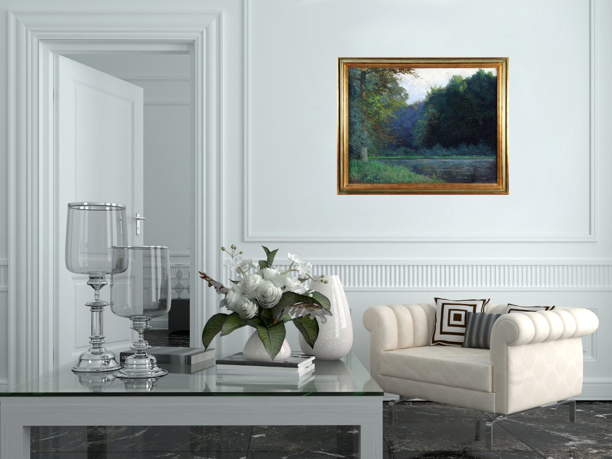 Paysage fluvial, huile sur toile, signée, XXe siècle, école française-photo-3