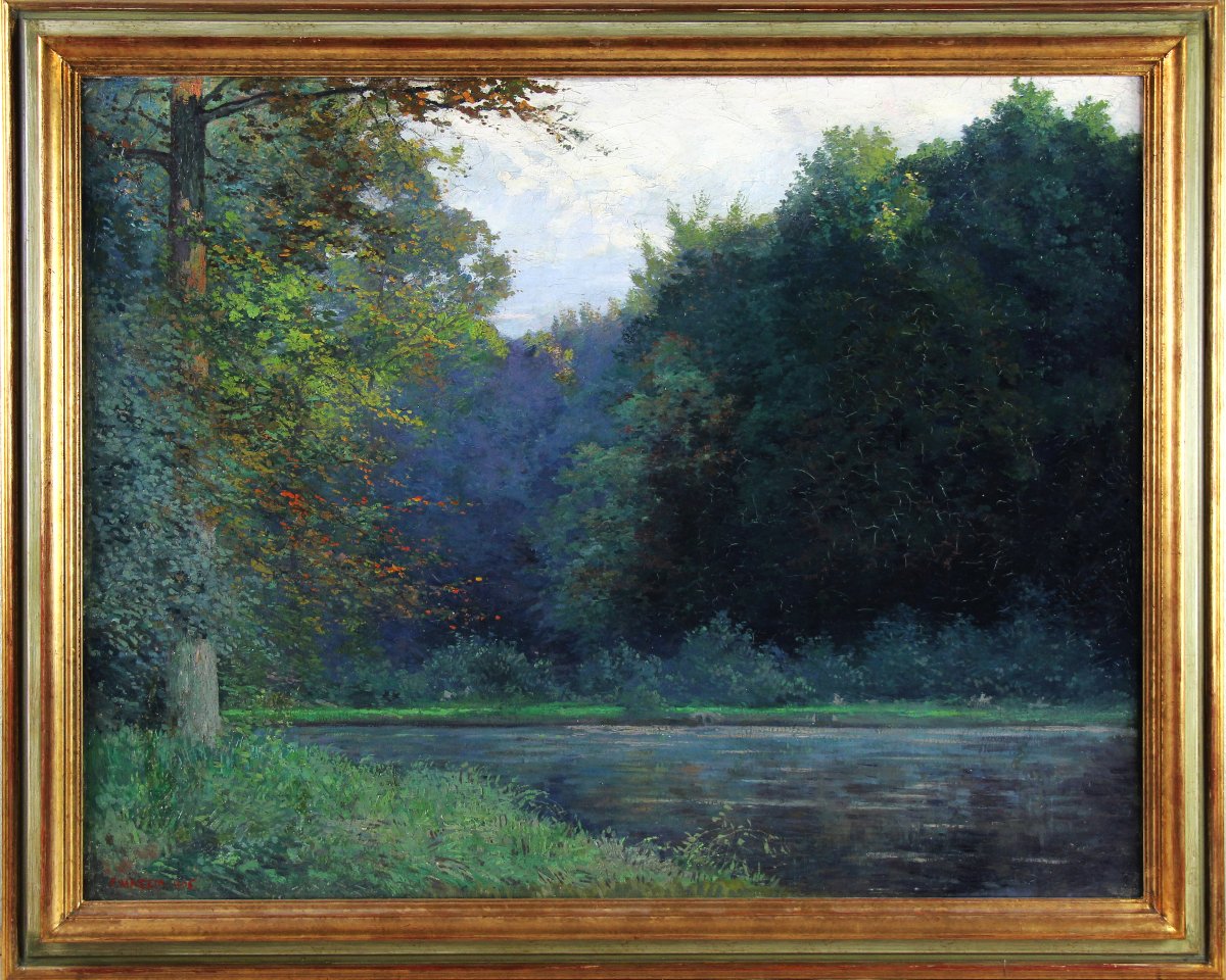 Paysage fluvial, huile sur toile, signée, XXe siècle, école française