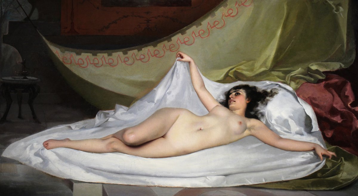 Peinture école Espagnole huile sur toile, un nu allongé, XIXe siècle Attribué à Luis R. Falero-photo-2