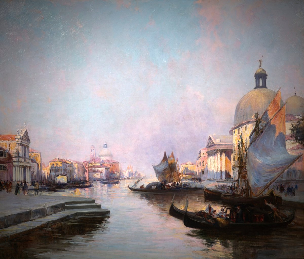 Venise, le grand canal et San Simeone Picolo. Grande Huile sur toile école Française 20ème-photo-2