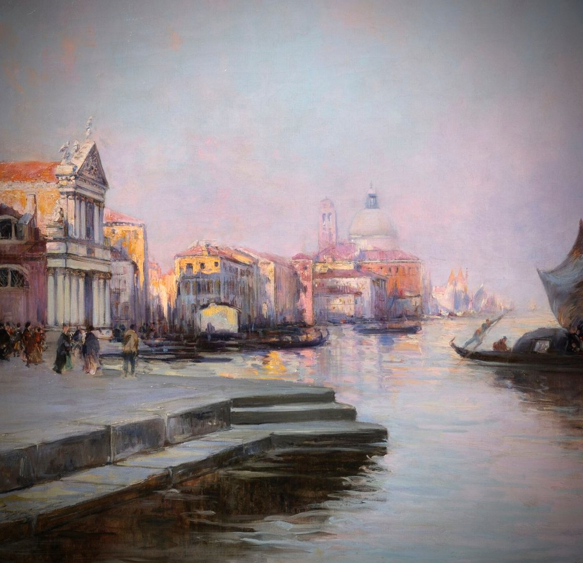 Venise, le grand canal et San Simeone Picolo. Grande Huile sur toile école Française 20ème-photo-3
