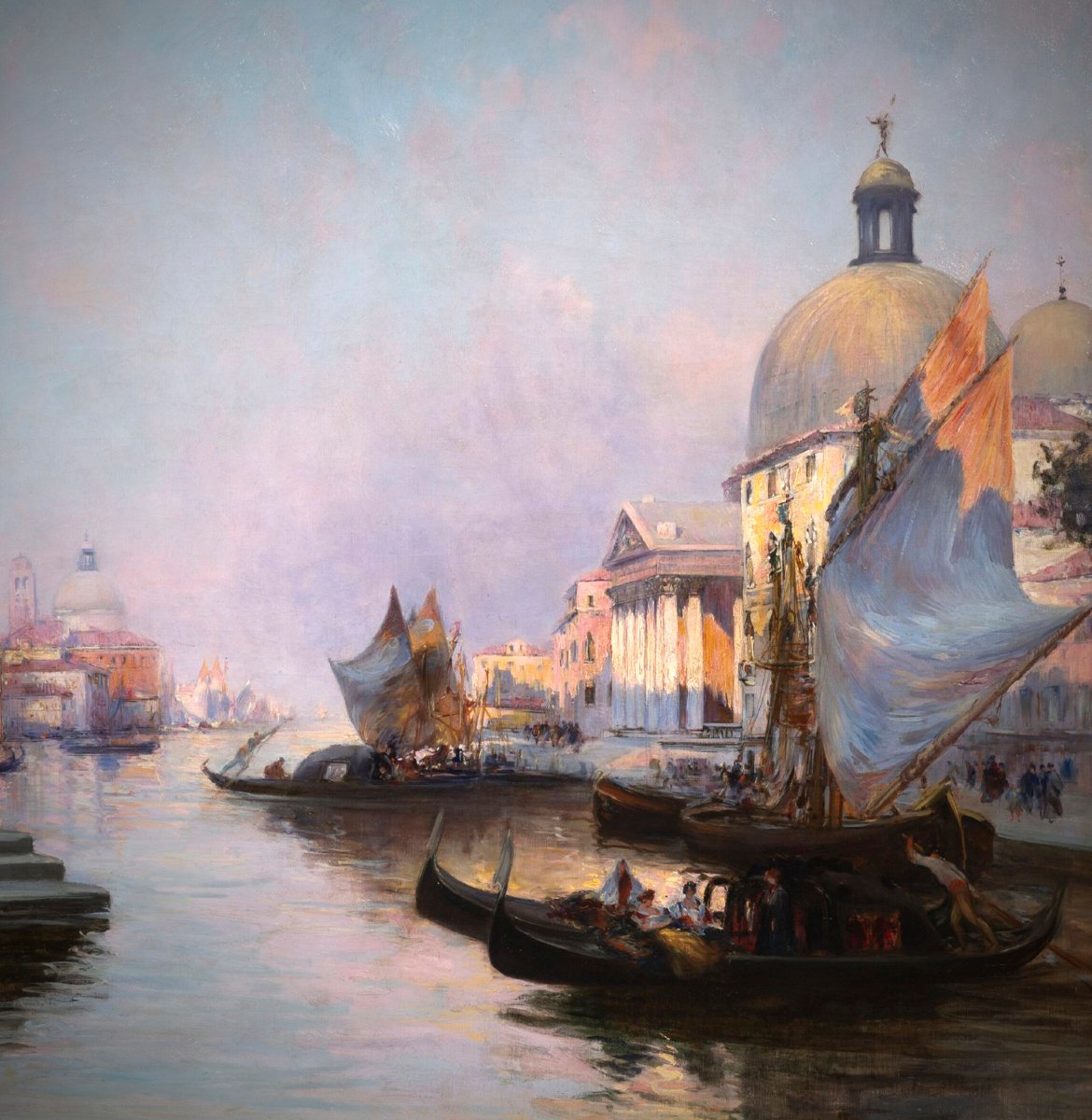 Venise, le grand canal et San Simeone Picolo. Grande Huile sur toile école Française 20ème-photo-4