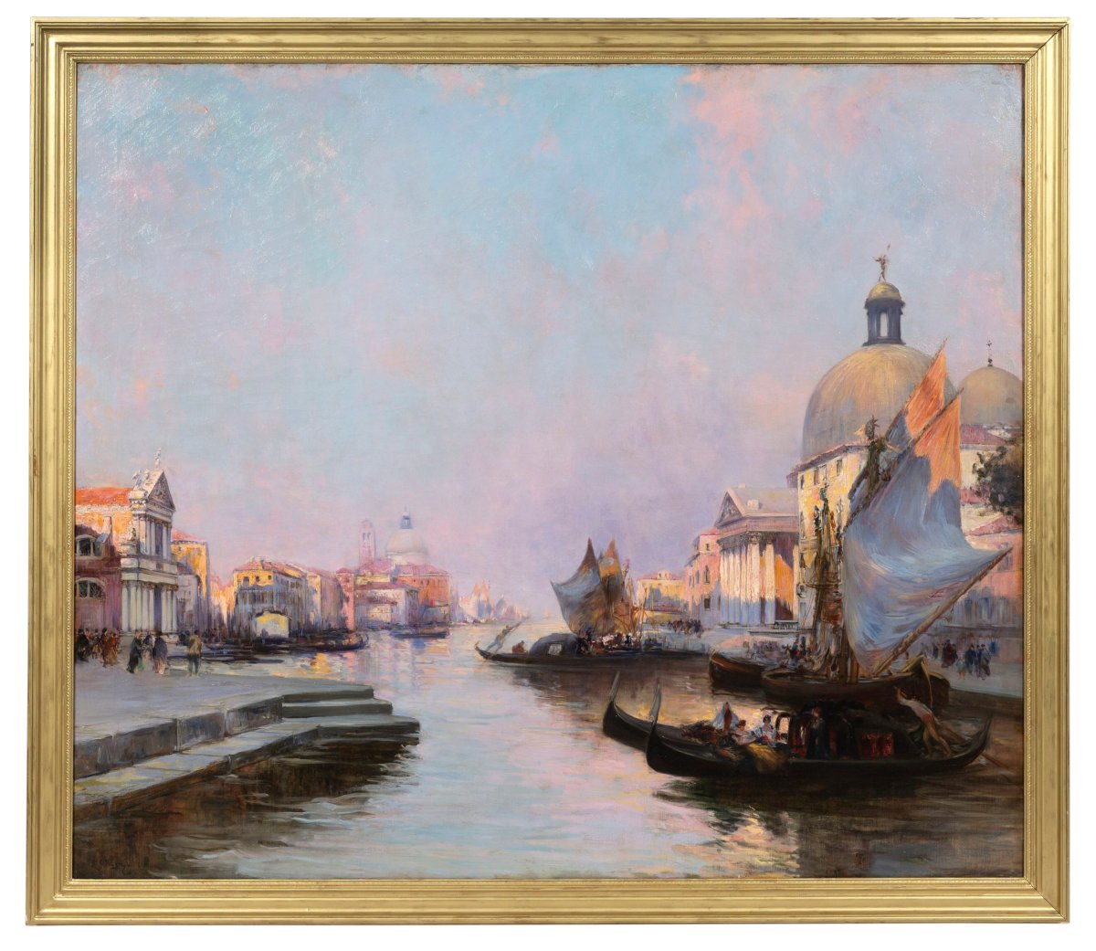 Venise, le grand canal et San Simeone Picolo. Grande Huile sur toile école Française 20ème