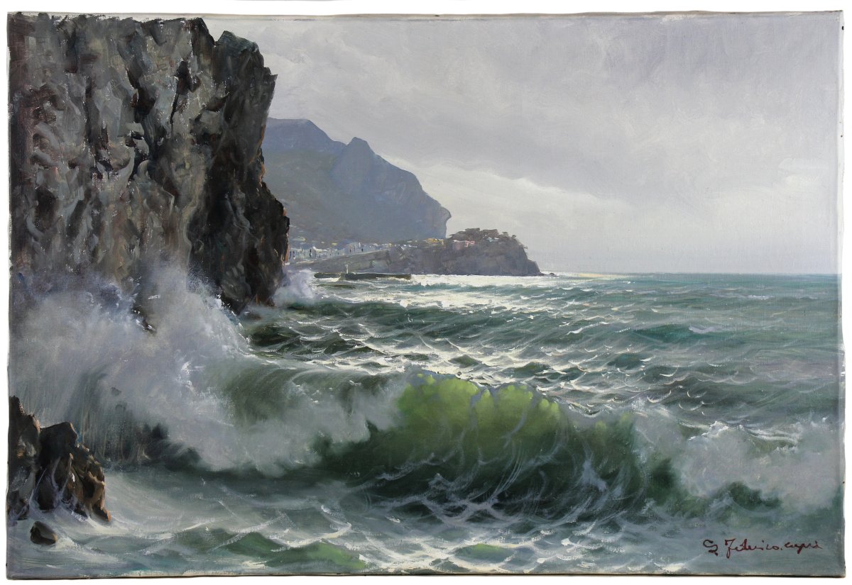 Peinture de Salvatore Federico représentant un paysage côtier de Capri, signée, non encadre-photo-2
