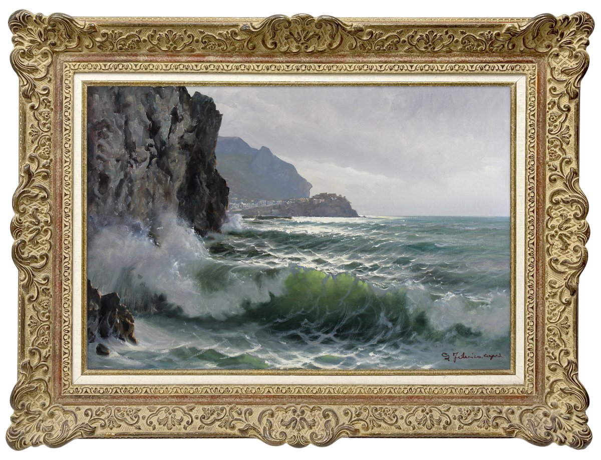 Peinture de Salvatore Federico représentant un paysage côtier de Capri, signée, non encadre
