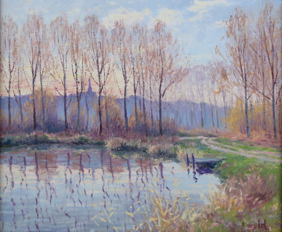 André Van Beek – Post-impressionist Waterfront Landscape, Signed, Unframed-photo-2