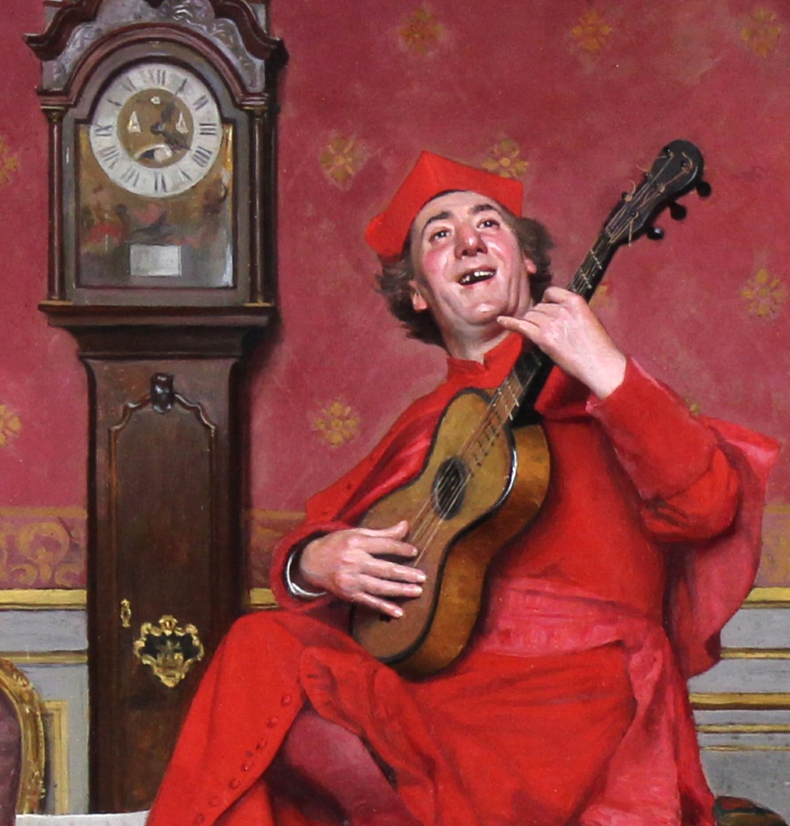 José Frappa – Le Cardinal musicien, huile sur panneau signée, avec cadre doré-photo-4