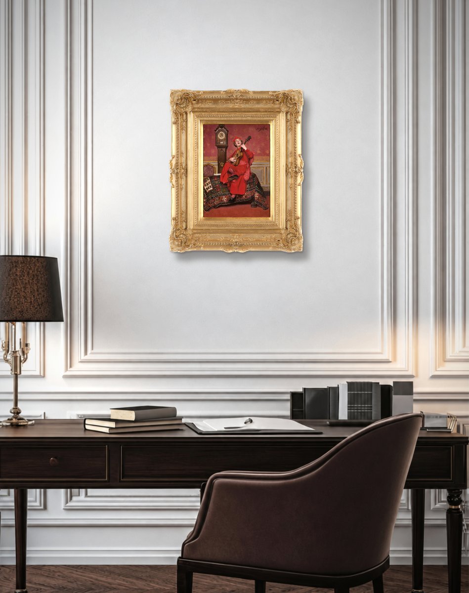 José Frappa French Antique Figurative Oil Painting, Cardinal Musician, Framed-photo-5