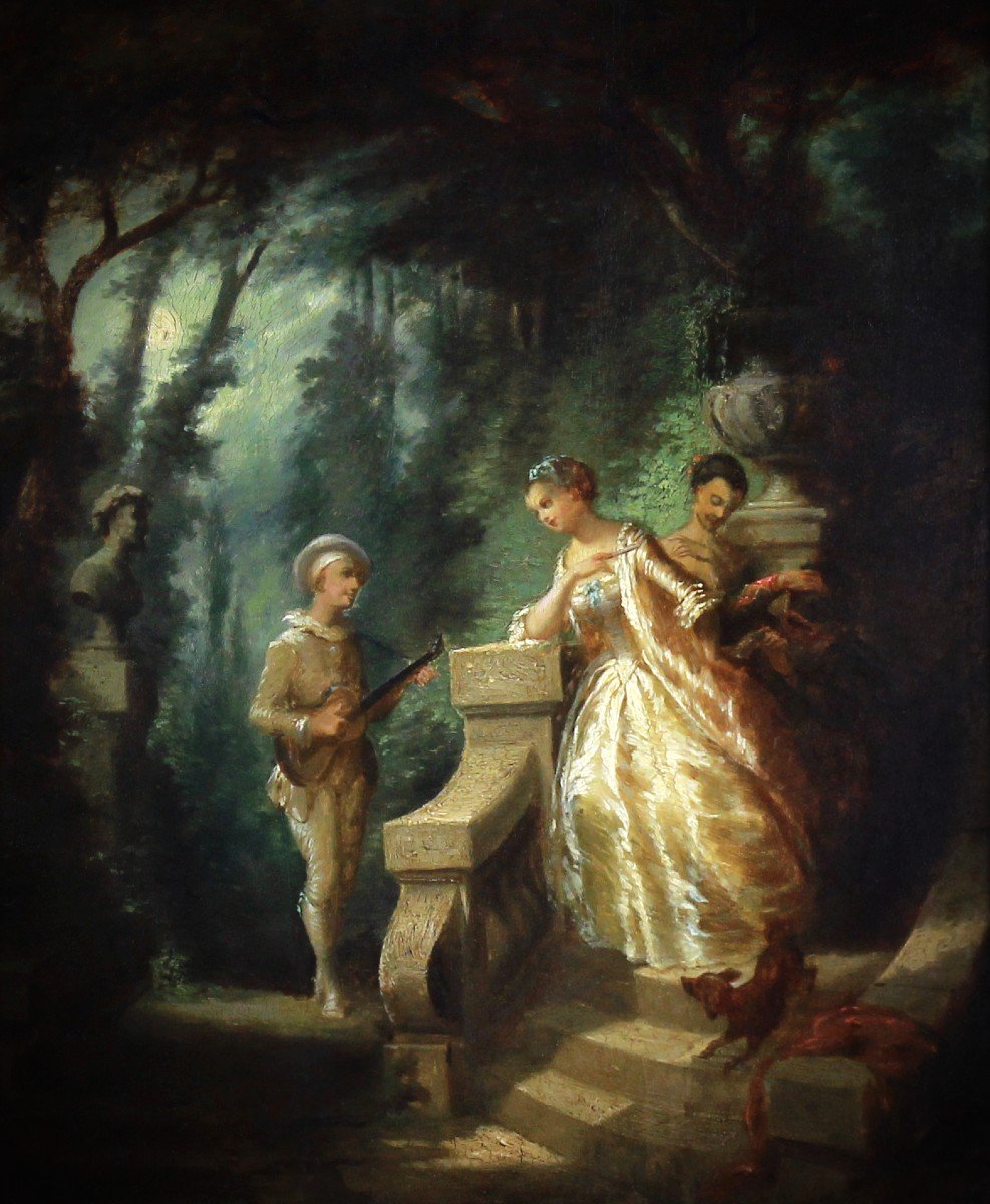 Tableau Huile Sur Panneau, Scene Galante Attribution Diaz De La Pena 19ème-photo-4