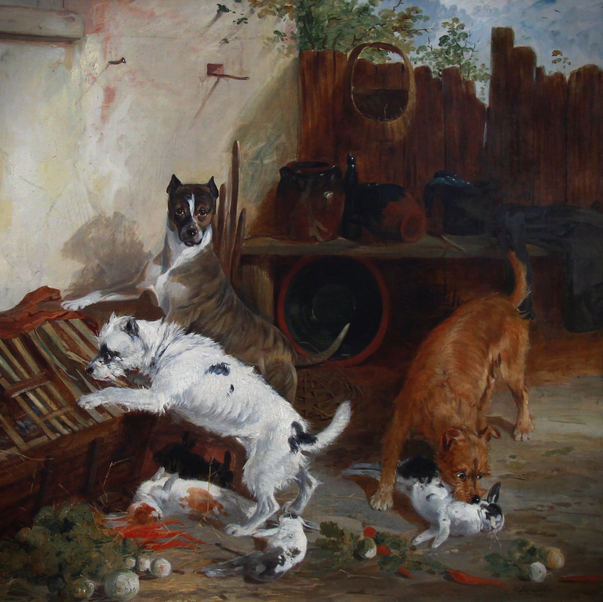 Tableaux Huile Sur Toile , Scene Avec Chiens Terrier Et Lapins Par Richard Ansdell-photo-2