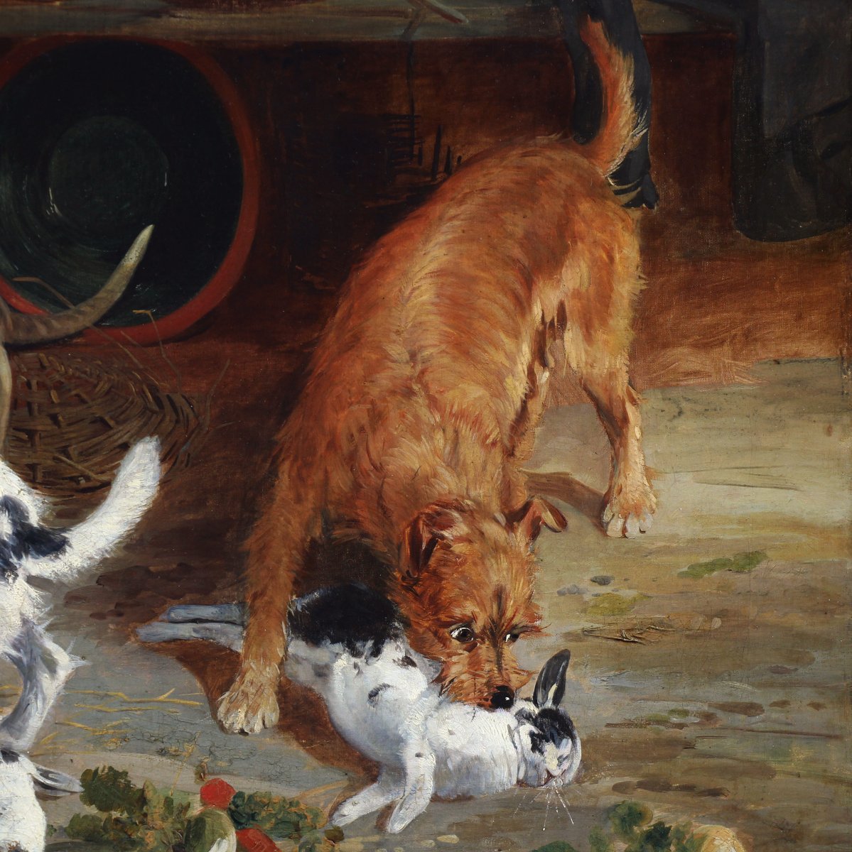 Tableaux Huile Sur Toile , Scene Avec Chiens Terrier Et Lapins Par Richard Ansdell-photo-4