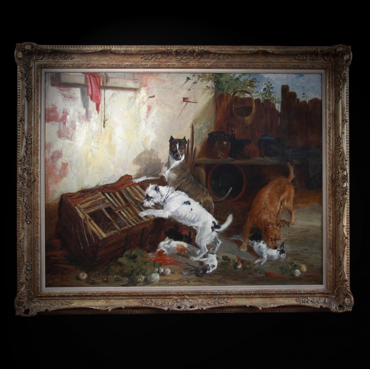 Tableaux Huile Sur Toile , Scene Avec Chiens Terrier Et Lapins Par Richard Ansdell-photo-2