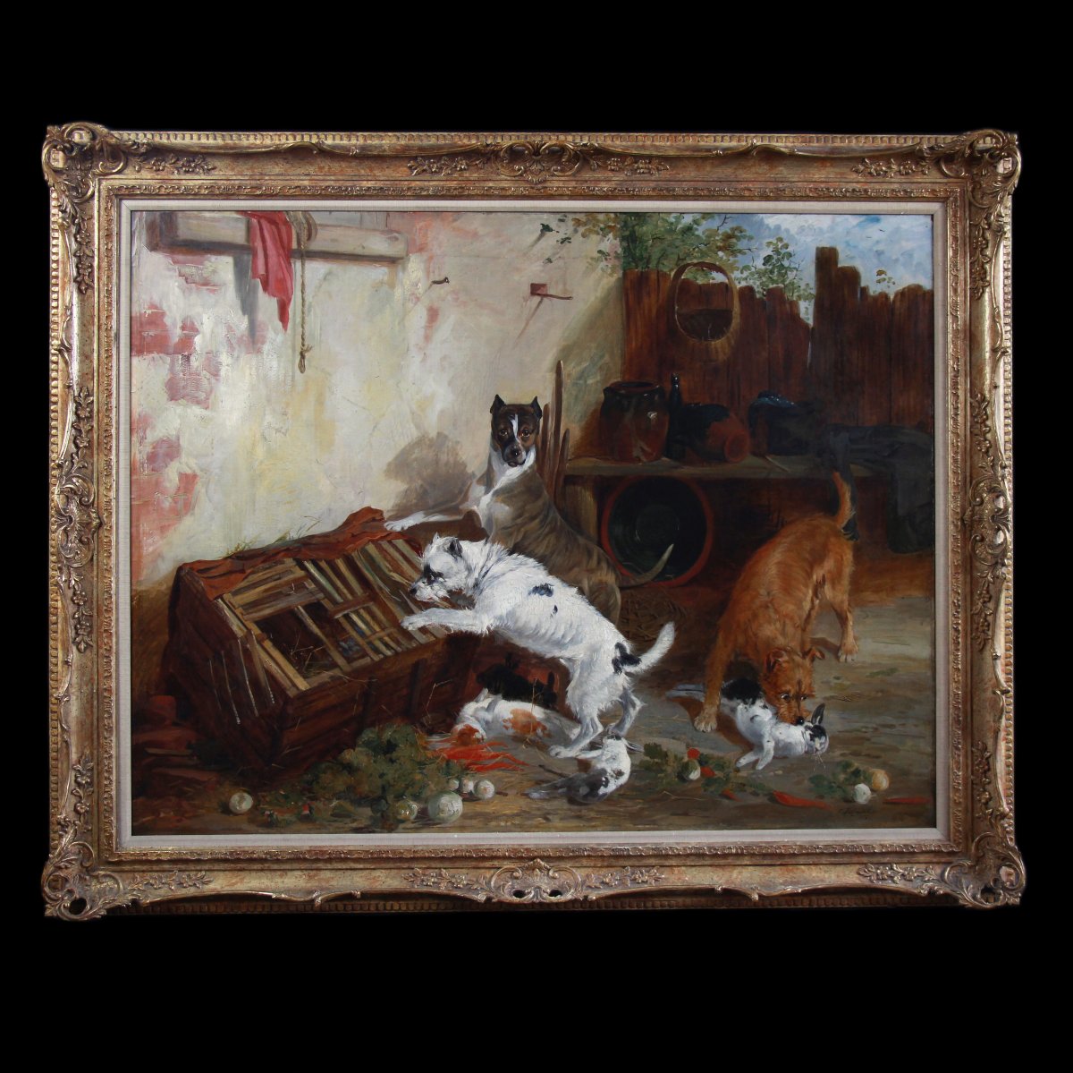 Tableaux Huile Sur Toile , Scene Avec Chiens Terrier Et Lapins Par Richard Ansdell