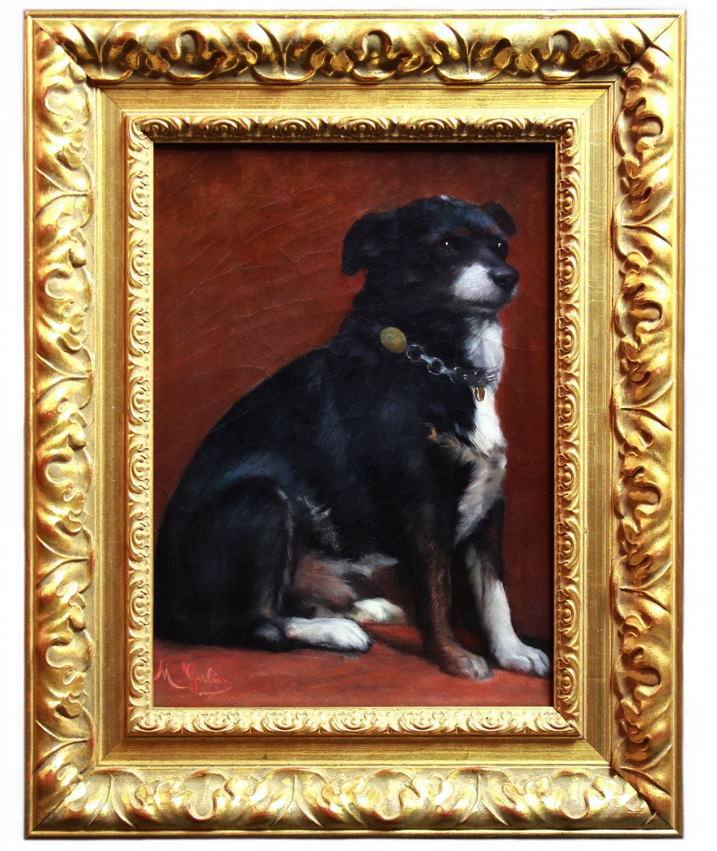 Magnifique Tableau &eacute;cole Francaise Fin 19em&egrave; Portrait De Chien au colier-photo-2