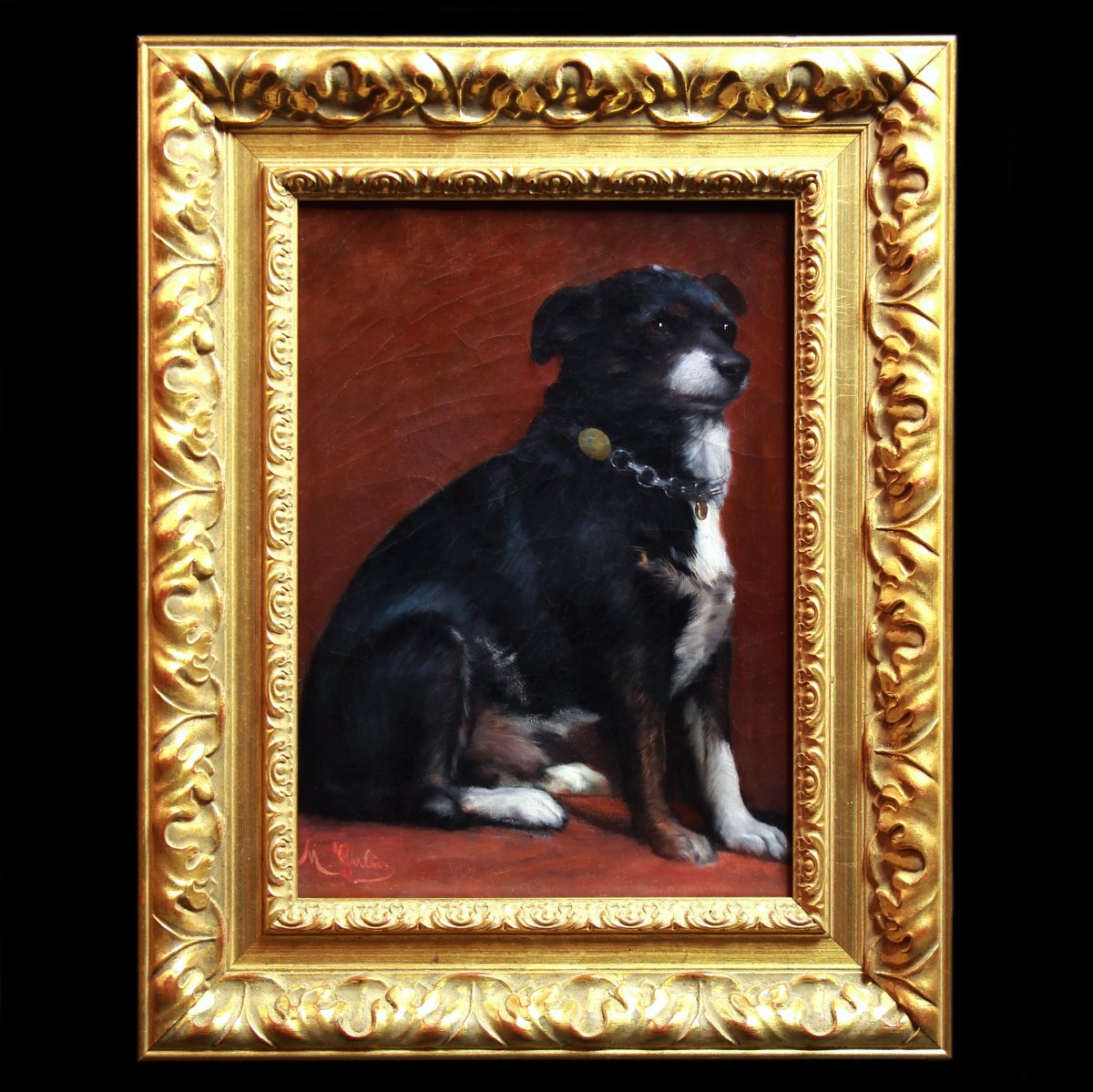 Magnificent Table French School End 19th Portrait Of Dog In The Colier-photo-4