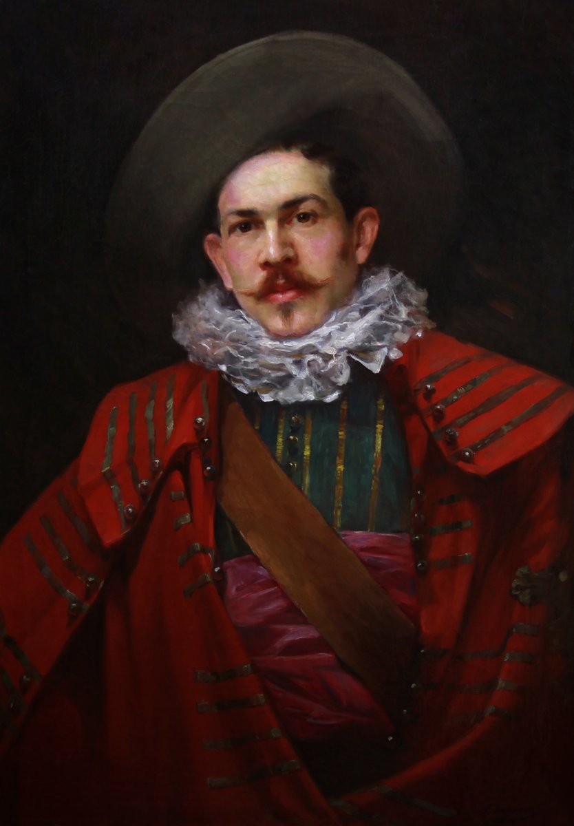 Large Oil On Canvas Painting, Portrait Of A 19th Musketeer-photo-2