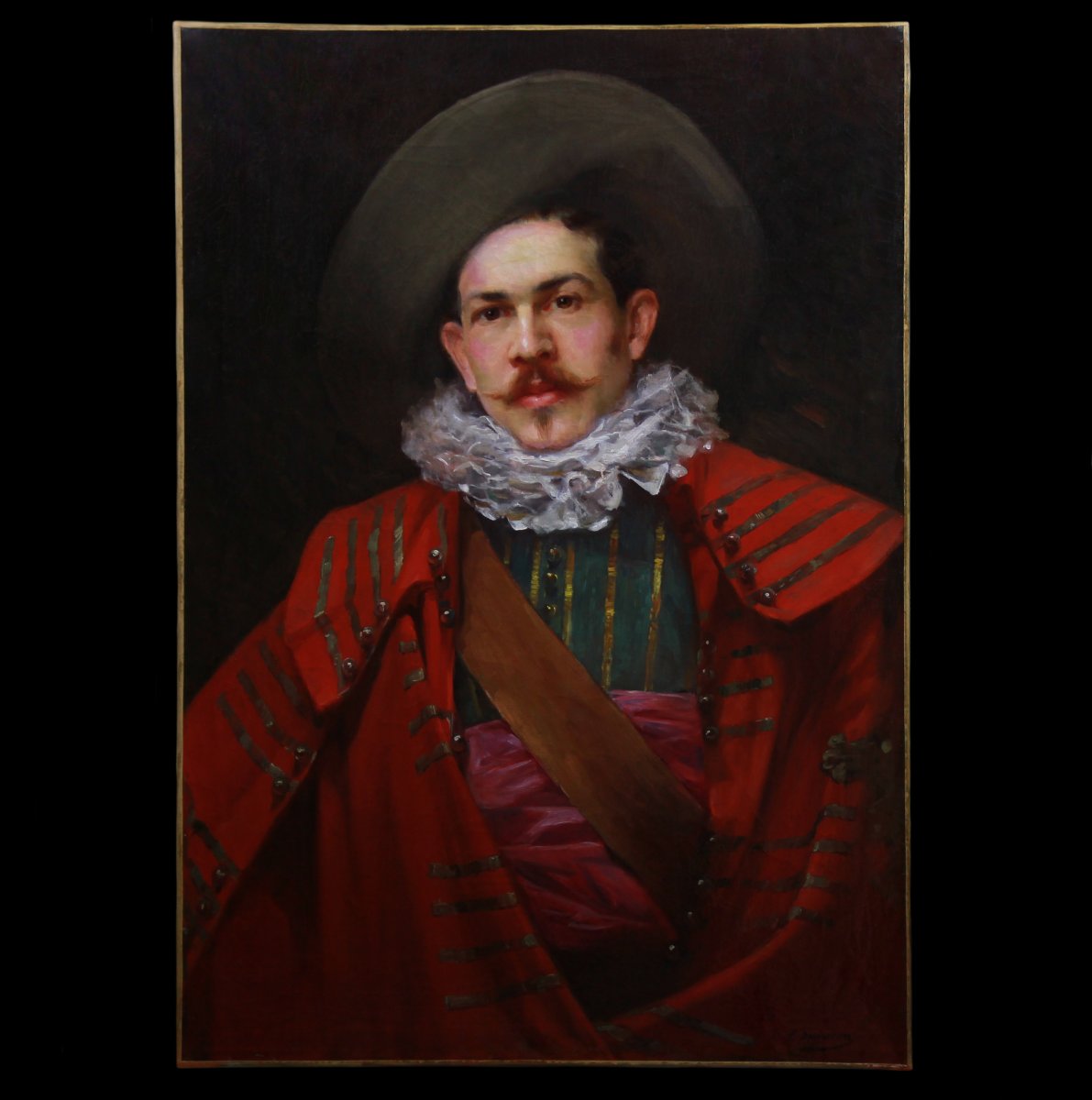 Large Oil On Canvas Painting, Portrait Of A 19th Musketeer-photo-4