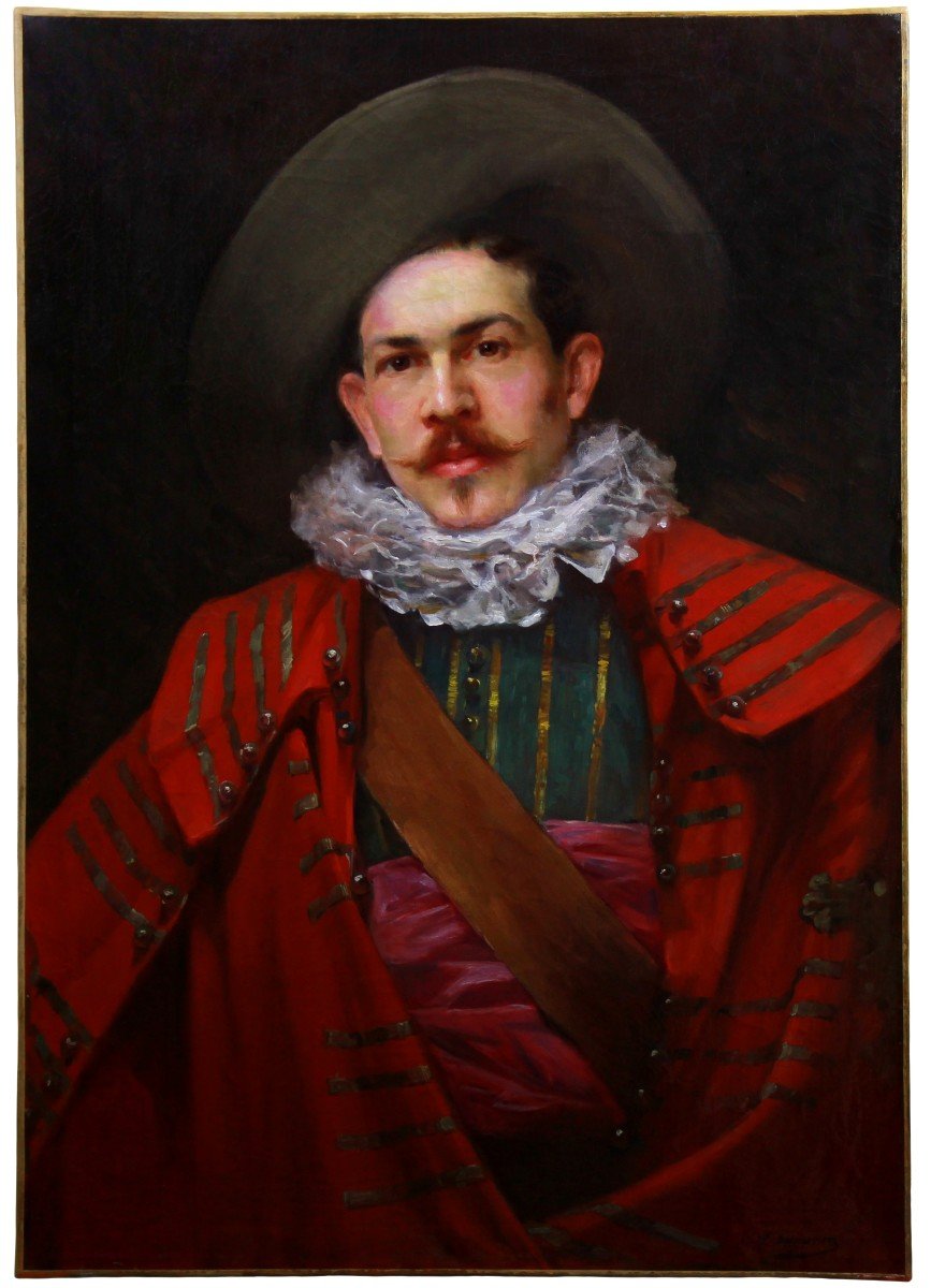 Large Oil On Canvas Painting, Portrait Of A 19th Musketeer