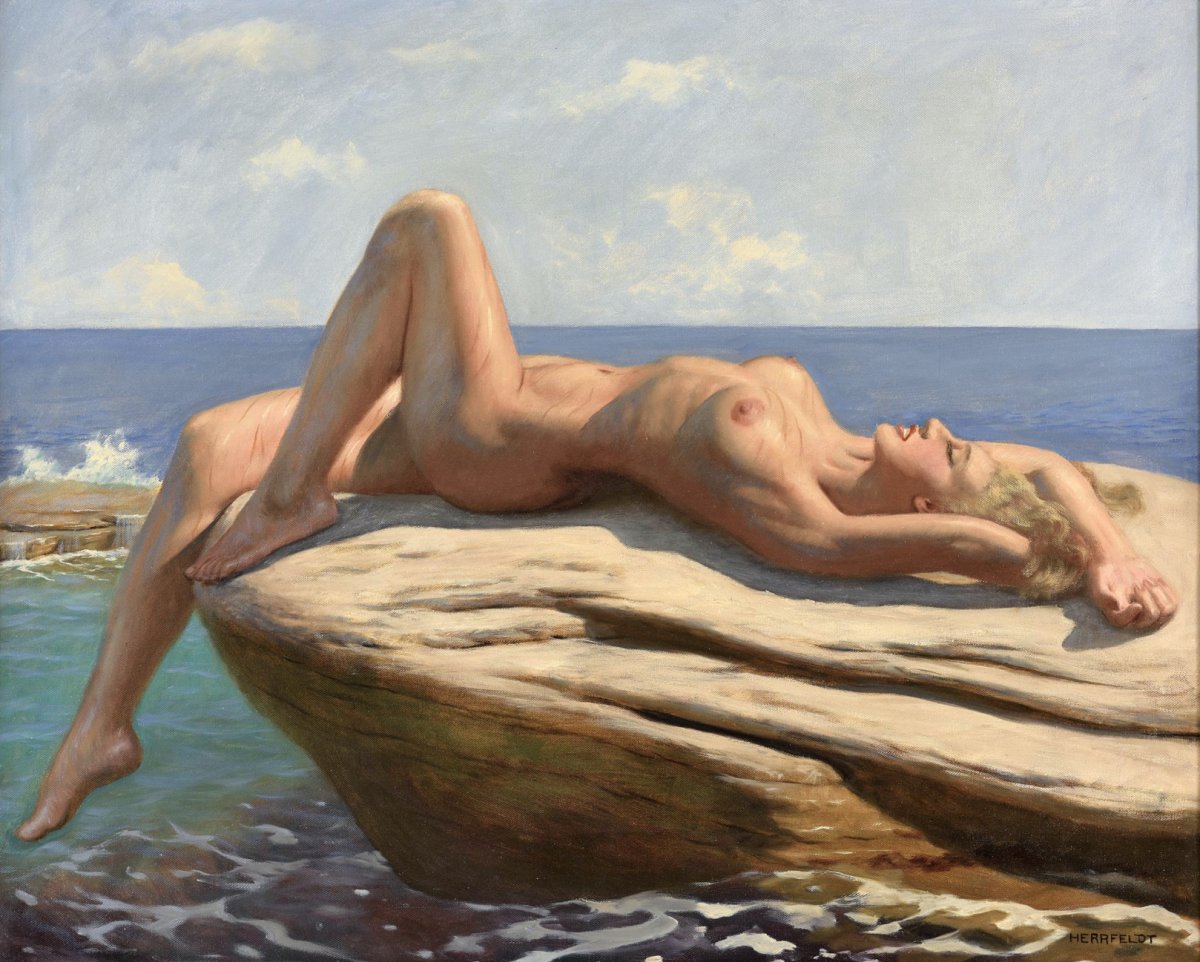Oil On Canvas Reclining Nude By Marcel René Herrfeldt-photo-2