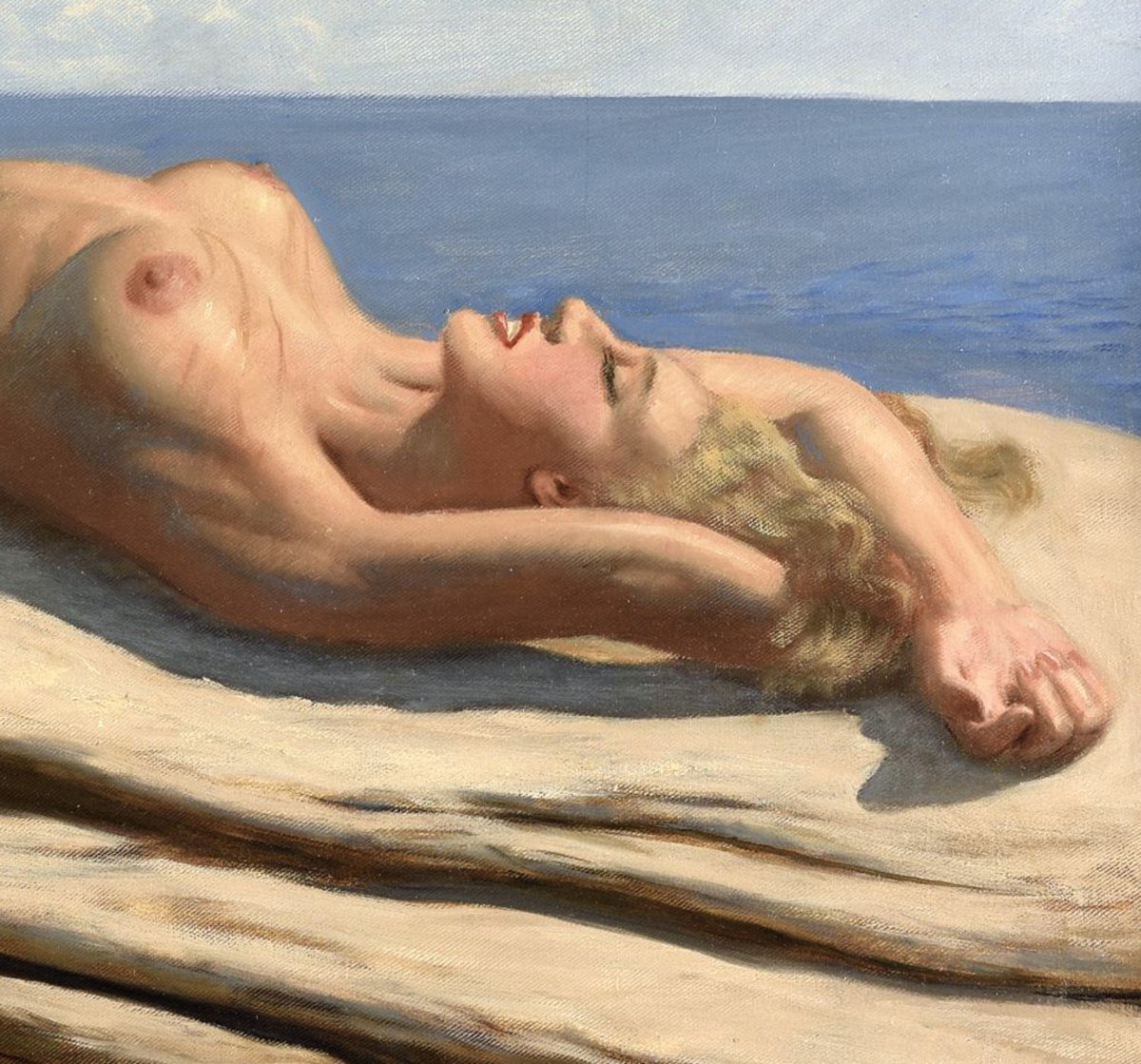 Oil On Canvas Reclining Nude By Marcel René Herrfeldt-photo-4