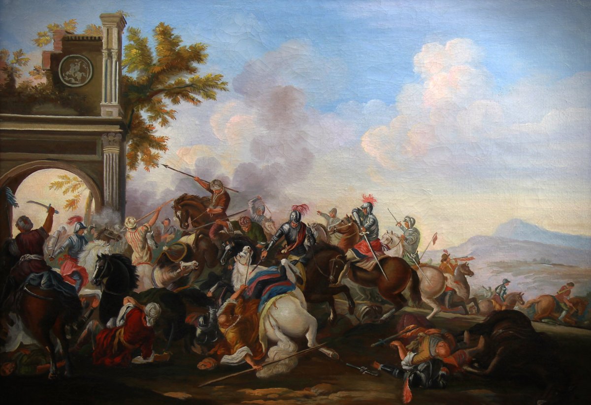 Old Oil Painting On Canvas 20th Century, Battle Scene-photo-3