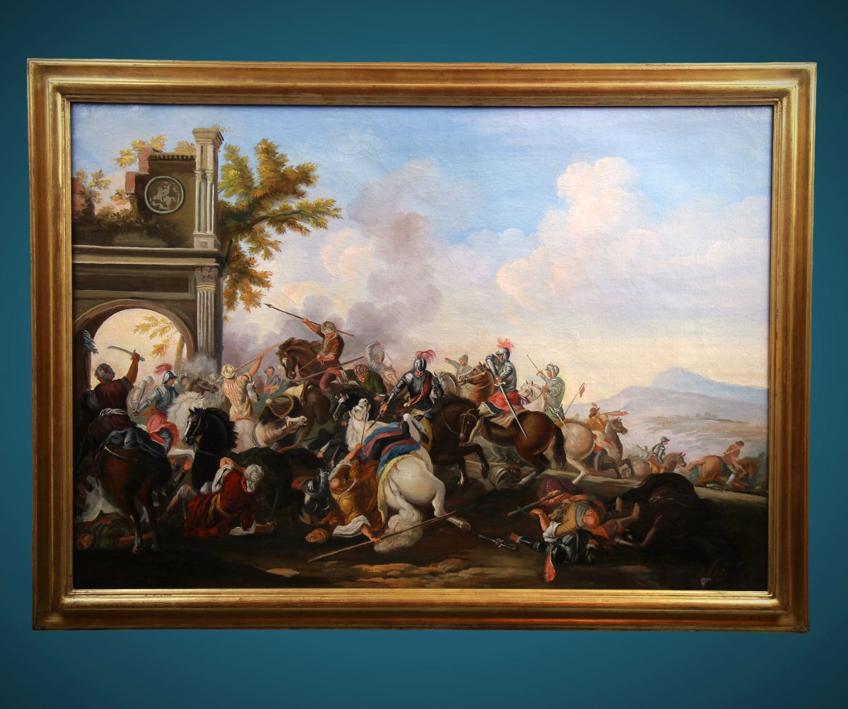 Old Oil Painting On Canvas 20th Century, Battle Scene