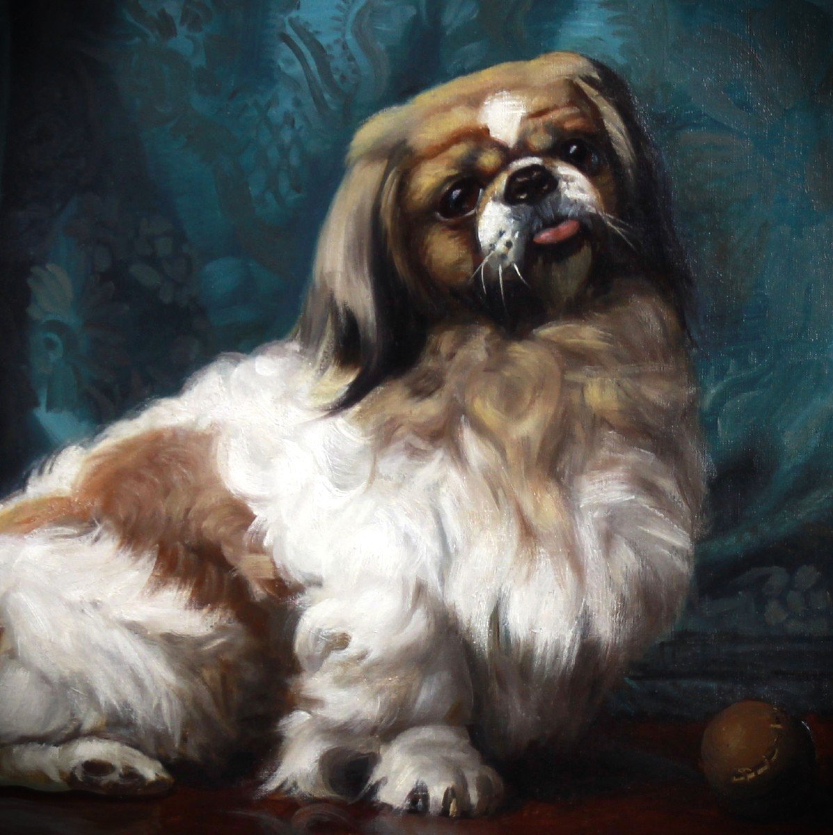 Oil On Canvas Portrait Of A Pekingese Dog 20th French School-photo-2