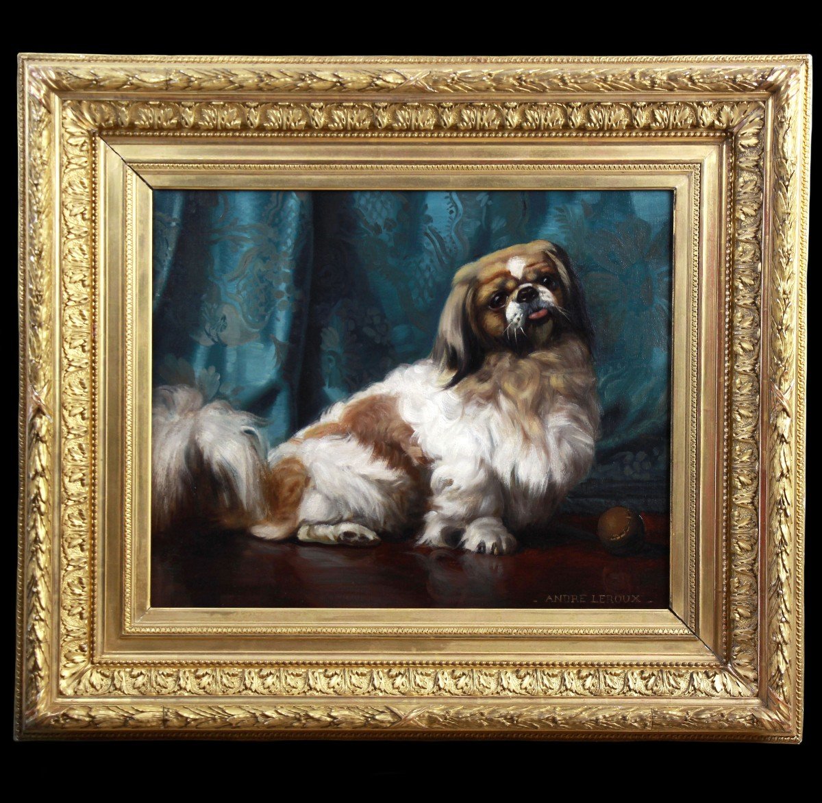 Portrait Huile Sur Toile d'Un Chien P&eacute;kinois 20&egrave;me &eacute;cole Fran&ccedil;aise-photo-4
