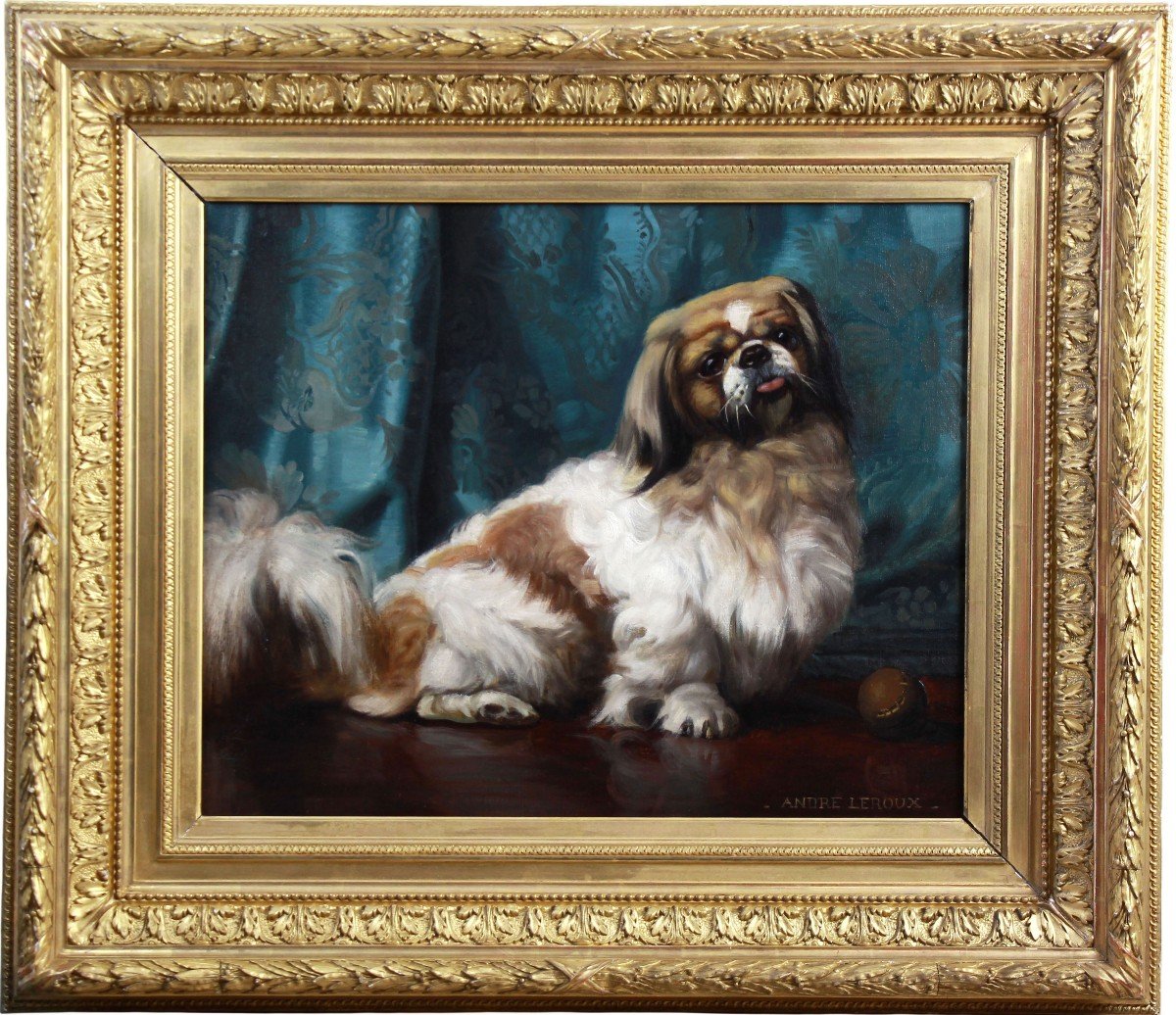 Portrait Huile Sur Toile d'Un Chien P&eacute;kinois 20&egrave;me &eacute;cole Fran&ccedil;aise