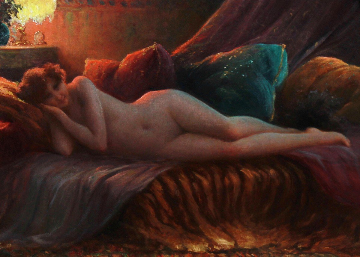 Nude Lying On A Couch, Art Nouveau Signed Allan Gilbert-photo-3