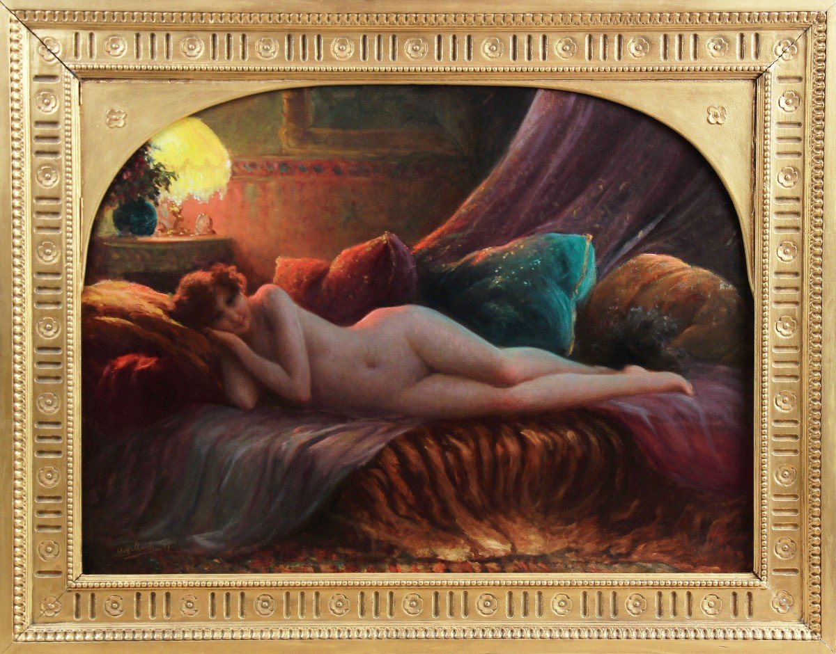 Nude Lying On A Couch, Art Nouveau Signed Allan Gilbert