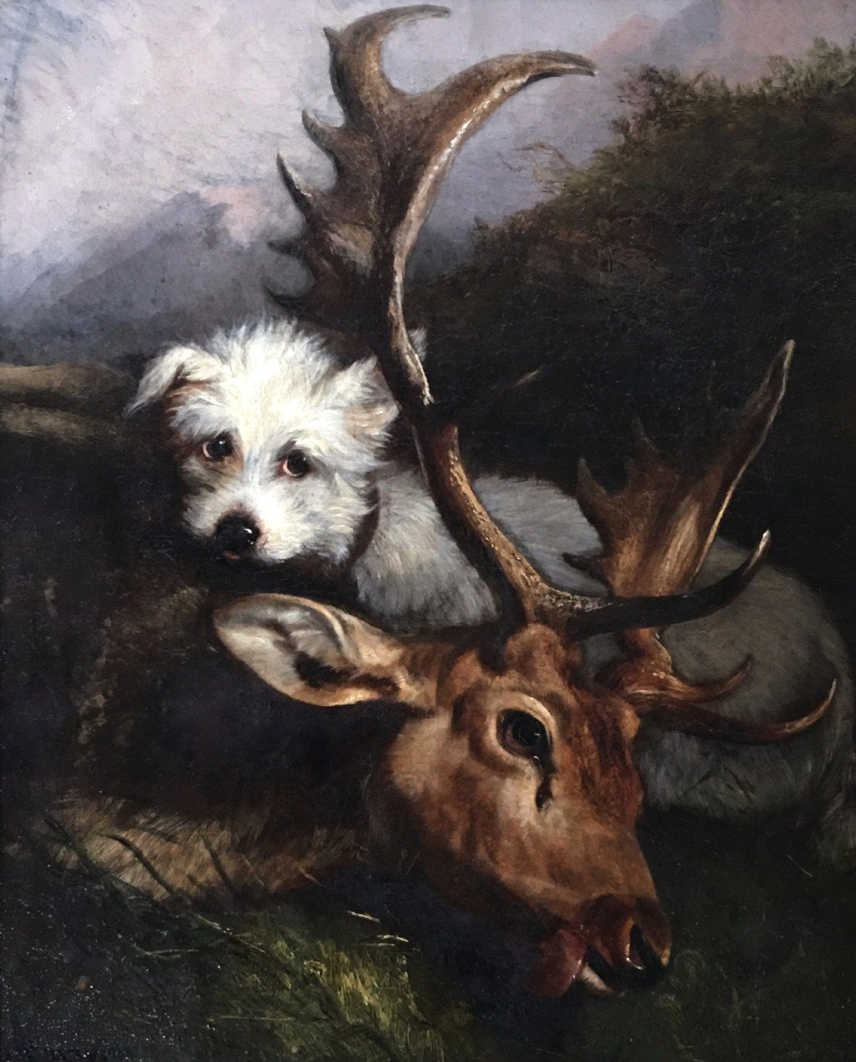 Hunting Scene Dog And Deer, French School Of The 19th-photo-2