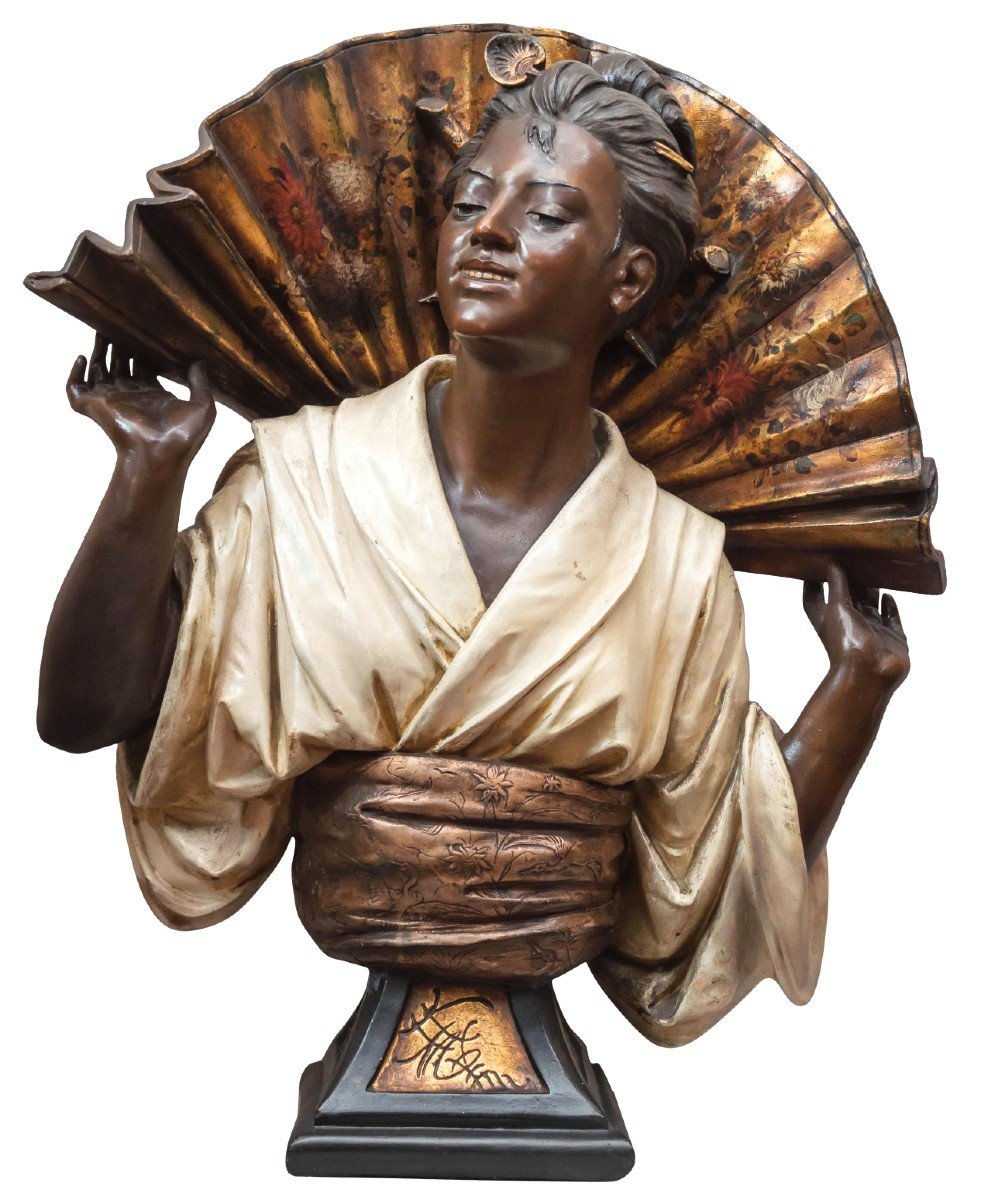 Spectacular Bust En Terre Cuite Polychrome Par Gustav Koenig