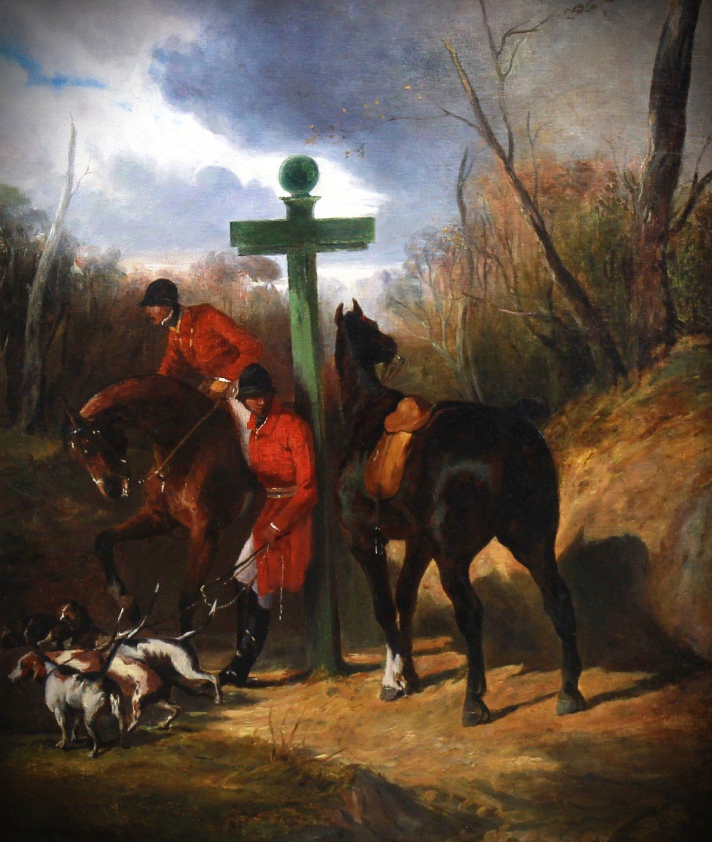 Huile sur toile la halte de chasseurs par Alfred De Dreux 19ème-photo-2