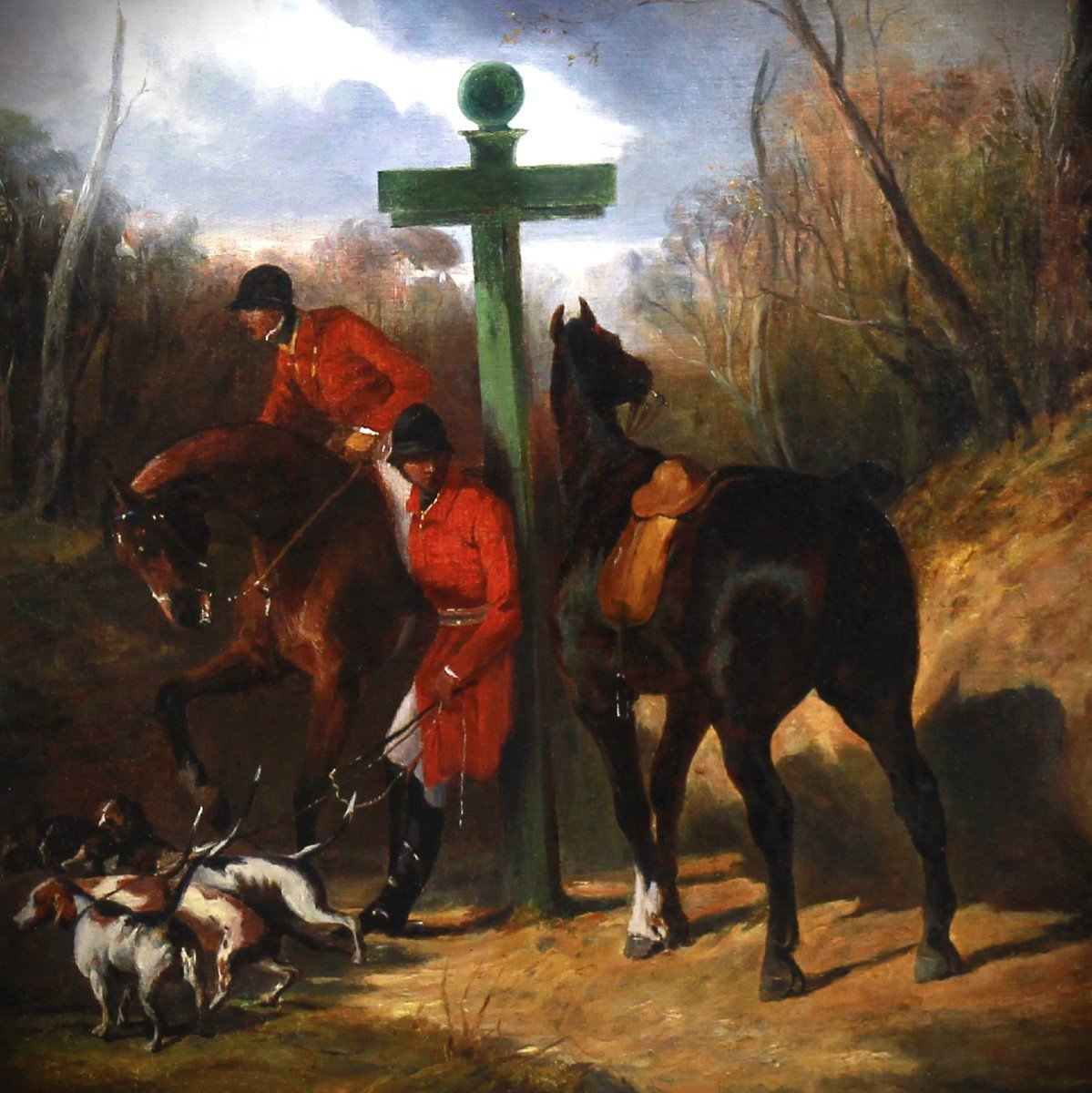 Huile sur toile la halte de chasseurs par Alfred De Dreux 19ème-photo-3