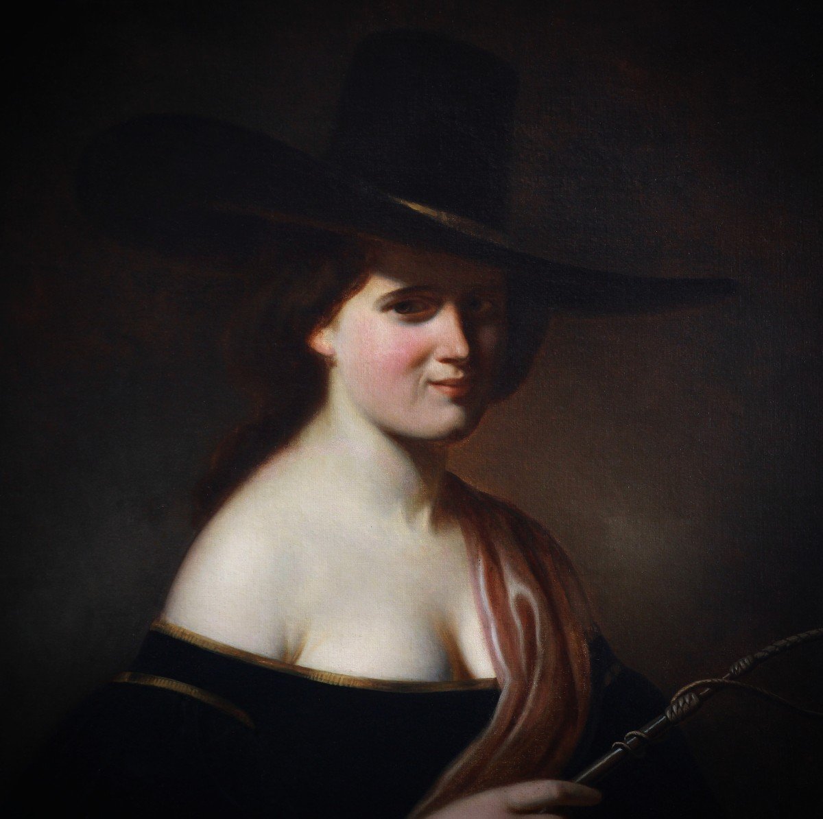 Oil On Canvas, Portrait Of A Woman With A  Hat 19th -photo-3