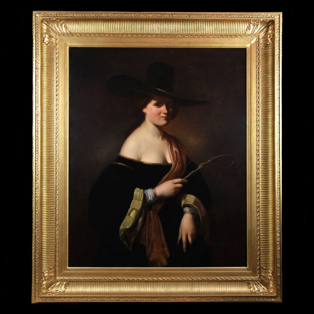 Oil On Canvas, Portrait Of A Woman With A  Hat 19th -photo-2