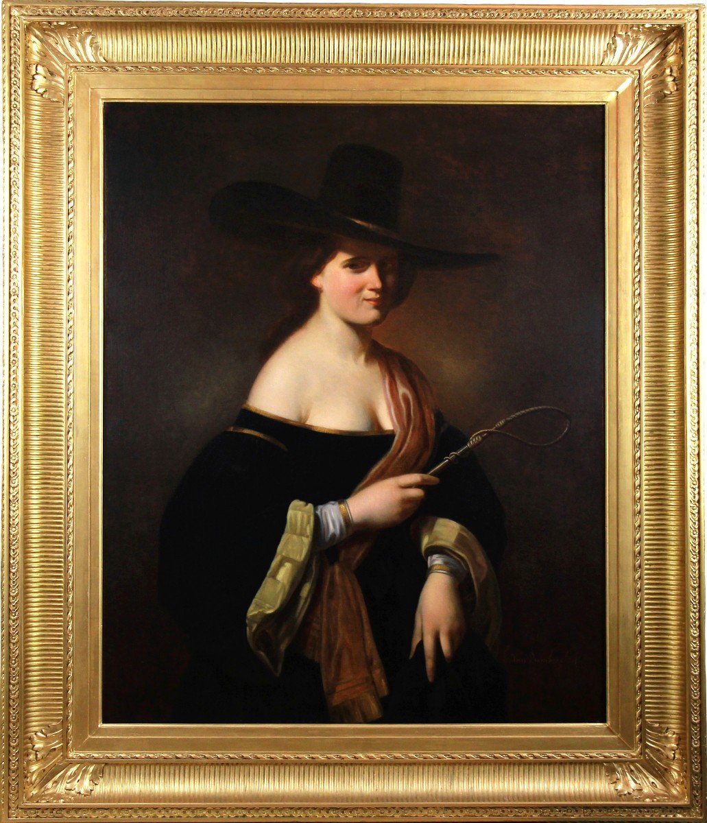 Huile Sur Toile , Portrait De Femme Au Chapeau XIXème