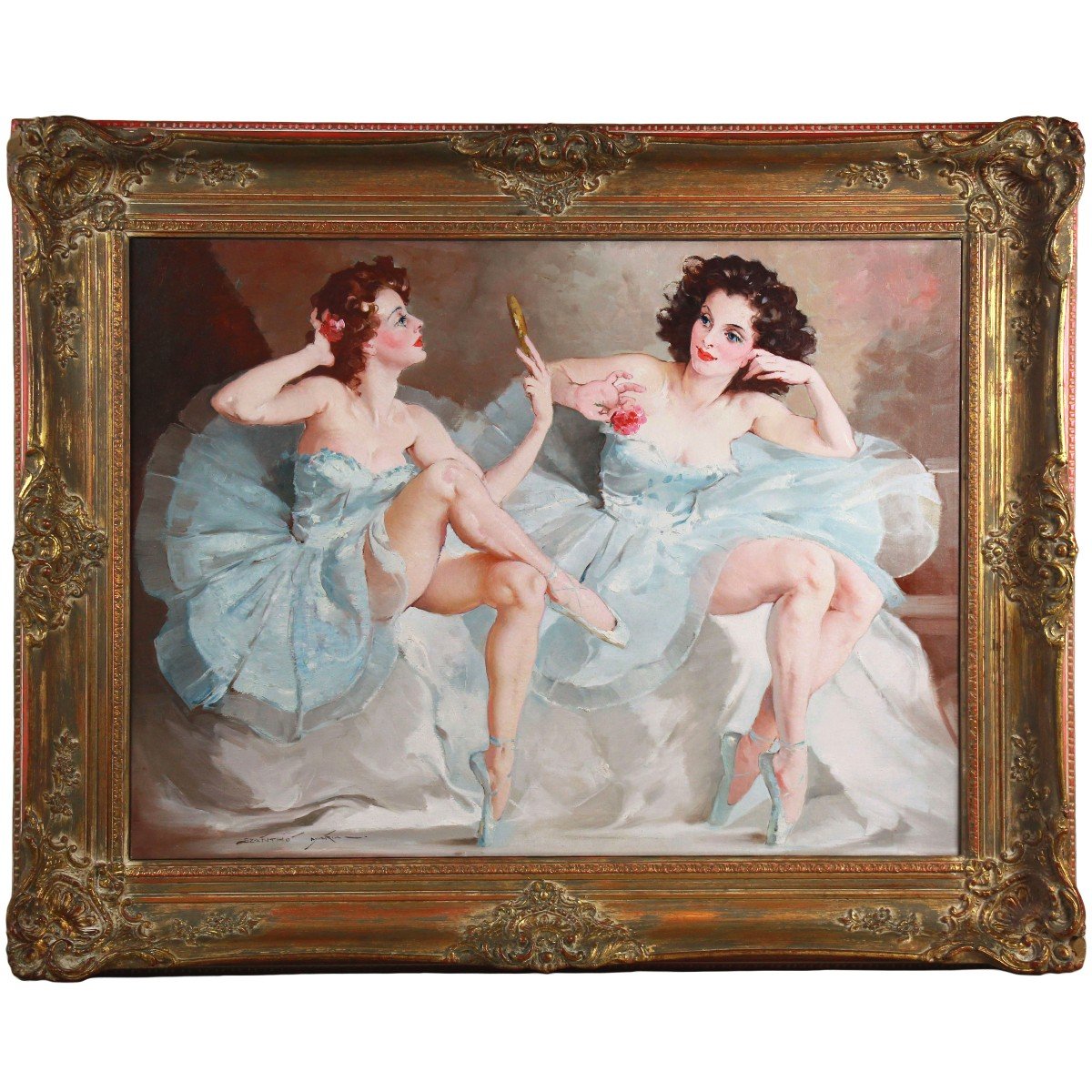 Two Ballerinas Oil On Canvas By Maria Szantho Frame