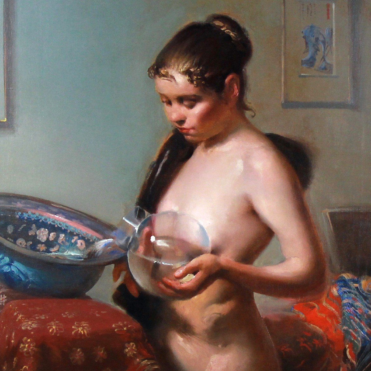 Oil On Canvas Young Naked Woman Doing Her Toilet Frame 1955-photo-2