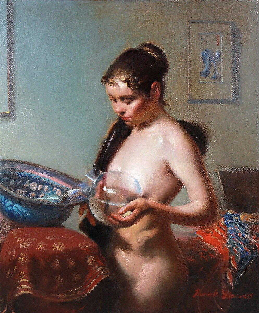 Oil On Canvas Young Naked Woman Doing Her Toilet Frame 1955-photo-4