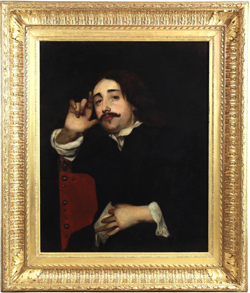 Grande Huile Sur Toile Portrait d'Homme Assis Fin 19ème Cadre  -photo-2