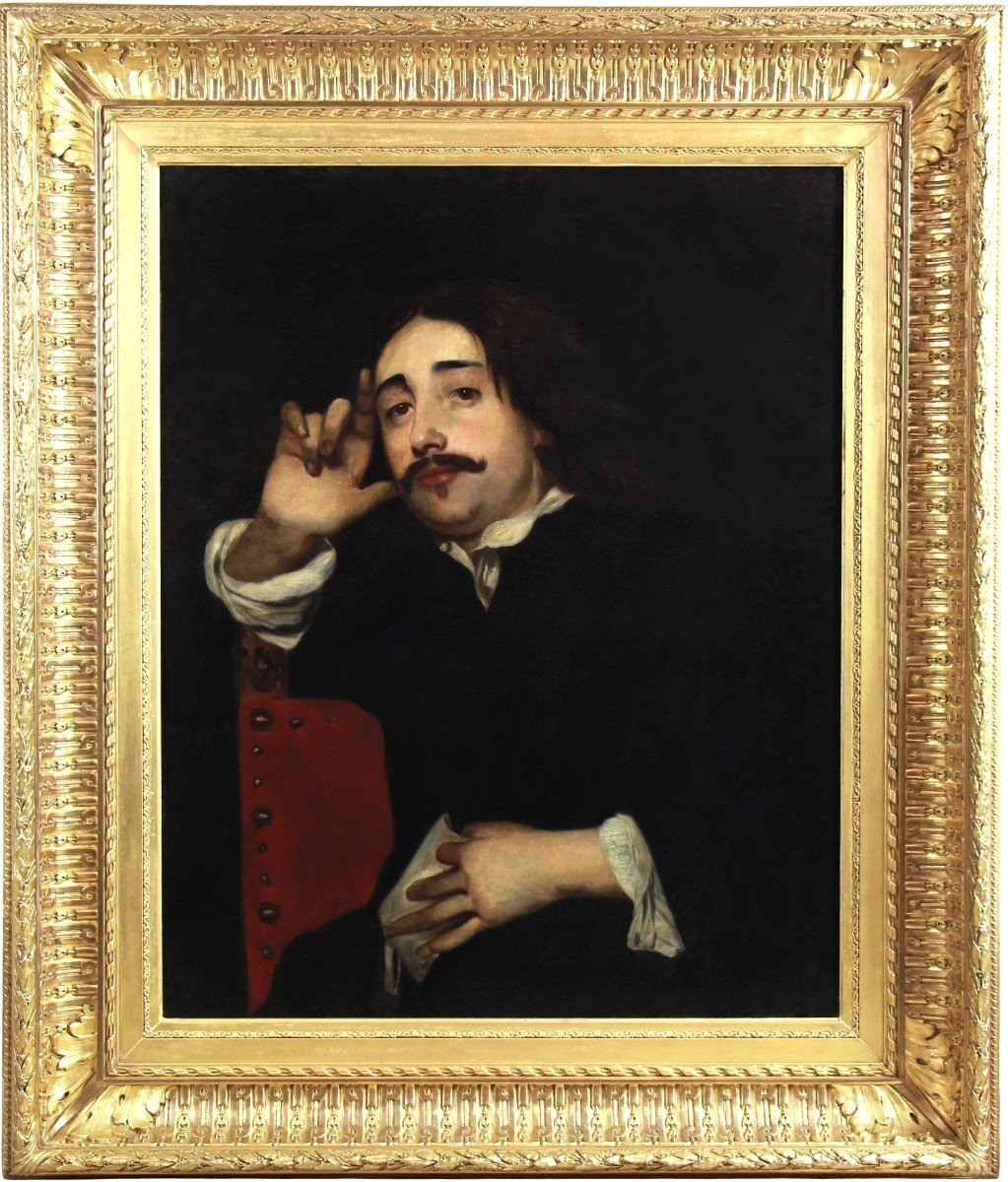 Grande Huile Sur Toile Portrait d'Homme Assis Fin 19ème Cadre  