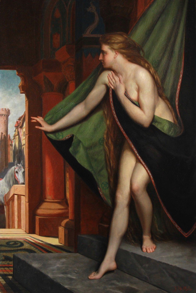 Lady Godiva Oil On Canvas Nude Late Nineteenth Century With Frame-photo-1