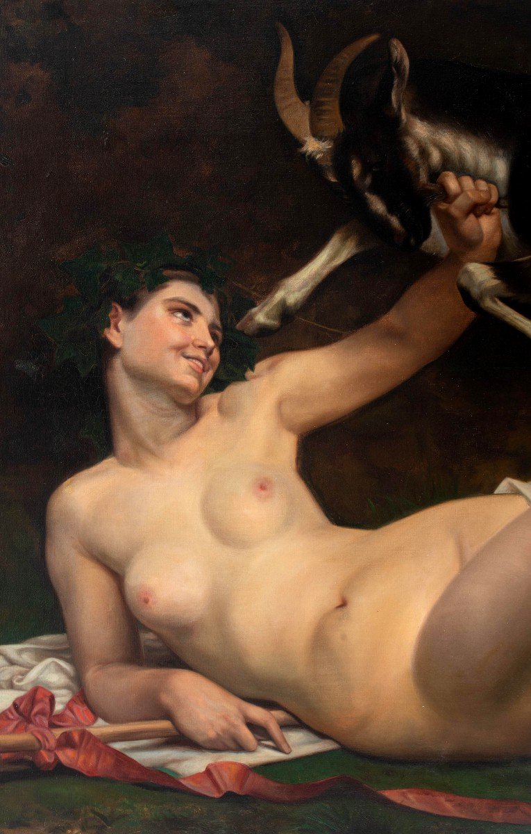 Grande Huile Sur Toile 'une Bacchante' d'Apres William Bouguereau (1825-1905)-photo-2