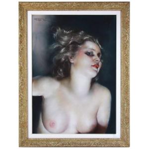 Pastel Buste de jeune femme nue signé Fried Pal