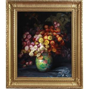 Huile Sur Toile "nature Morte Aux Fleurs Et Vase Chinois" Par Julien Stappers