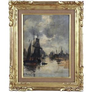 Oil On Panel Eugène Boudin “scene Of Trouville Port At Low Tide”
