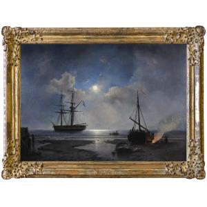 Anchorage At Moonlight, Oil On Canvas, By Schiedges Peter Paul 19th Century